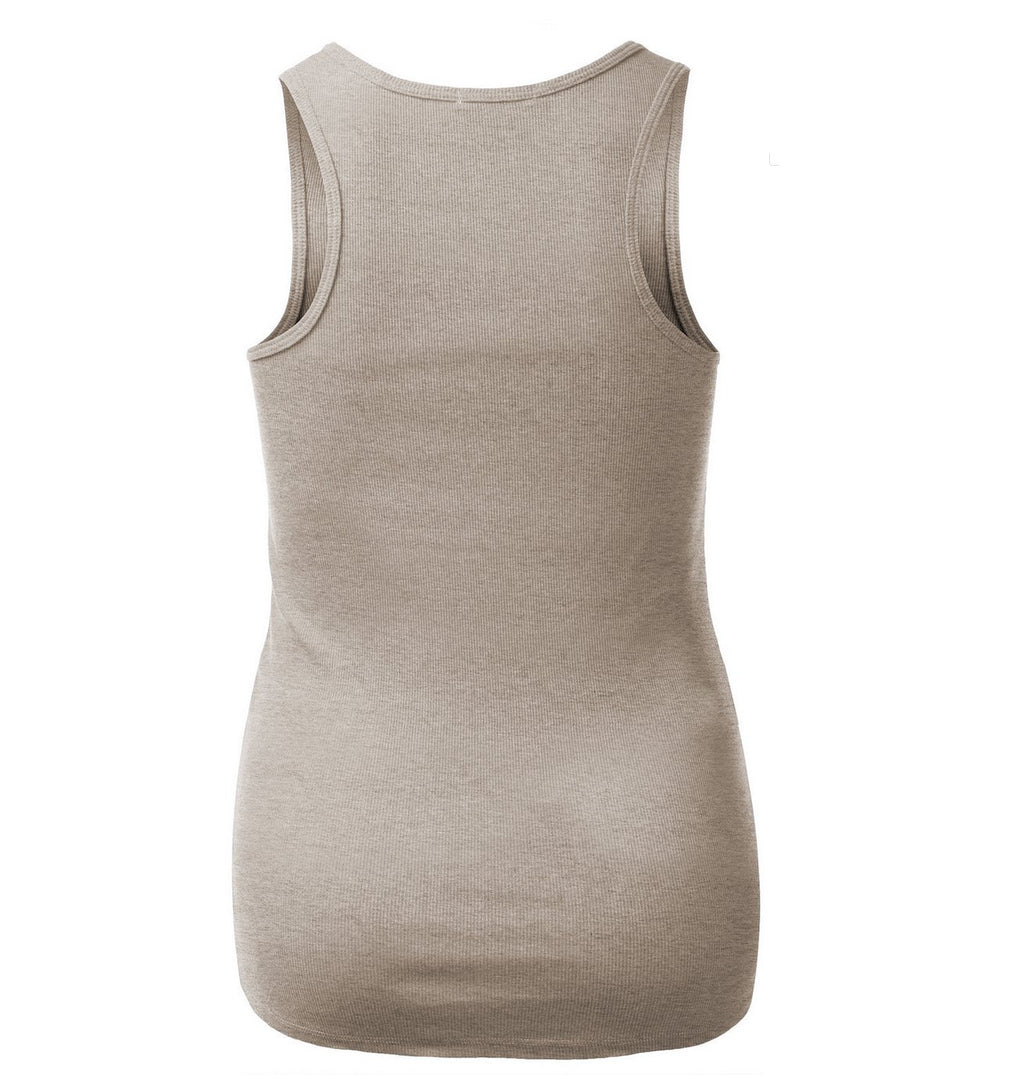 Women's Long Ribbed Rib Racerback Tank Top Cotton Stretch Quality Tunic Basic (Large, Oatmeal)