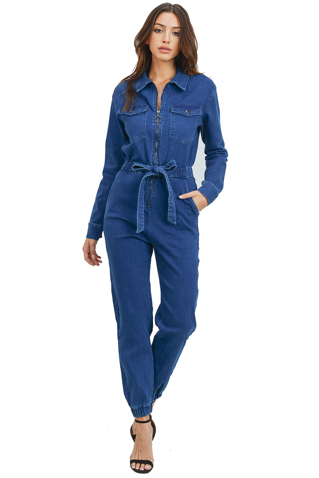 Women's Collar Denim Fitted Utility Jumpsuit with Pockets