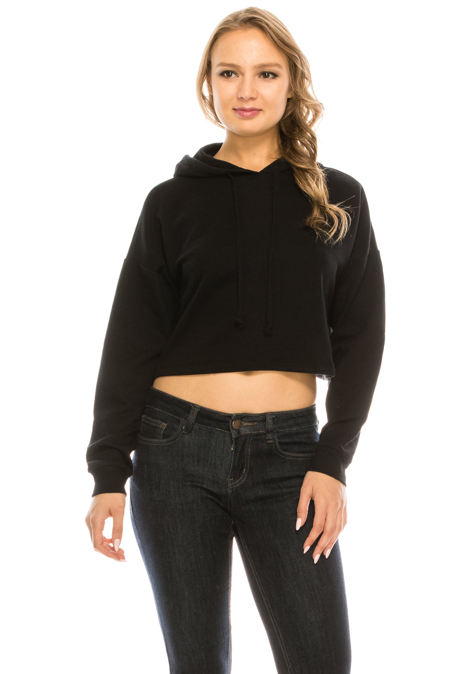 Women's Drawstring Cotton Blend Basic Cropped Fleece Pullover Hoodie