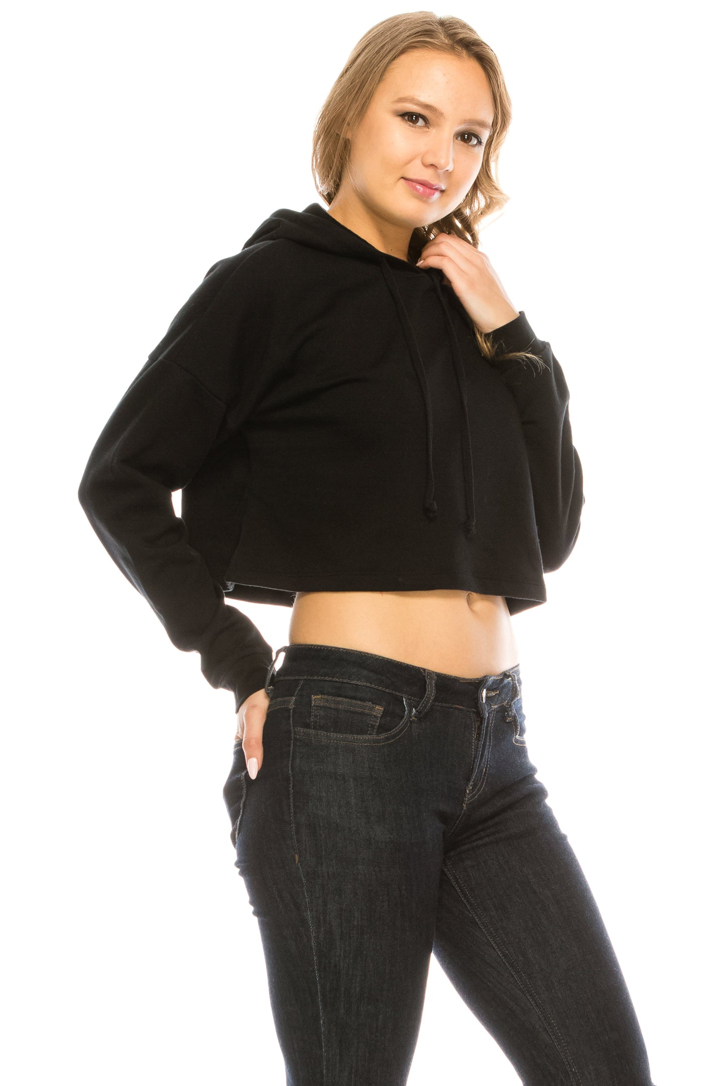 Women's Drawstring Cotton Blend Basic Cropped Fleece Pullover Hoodie