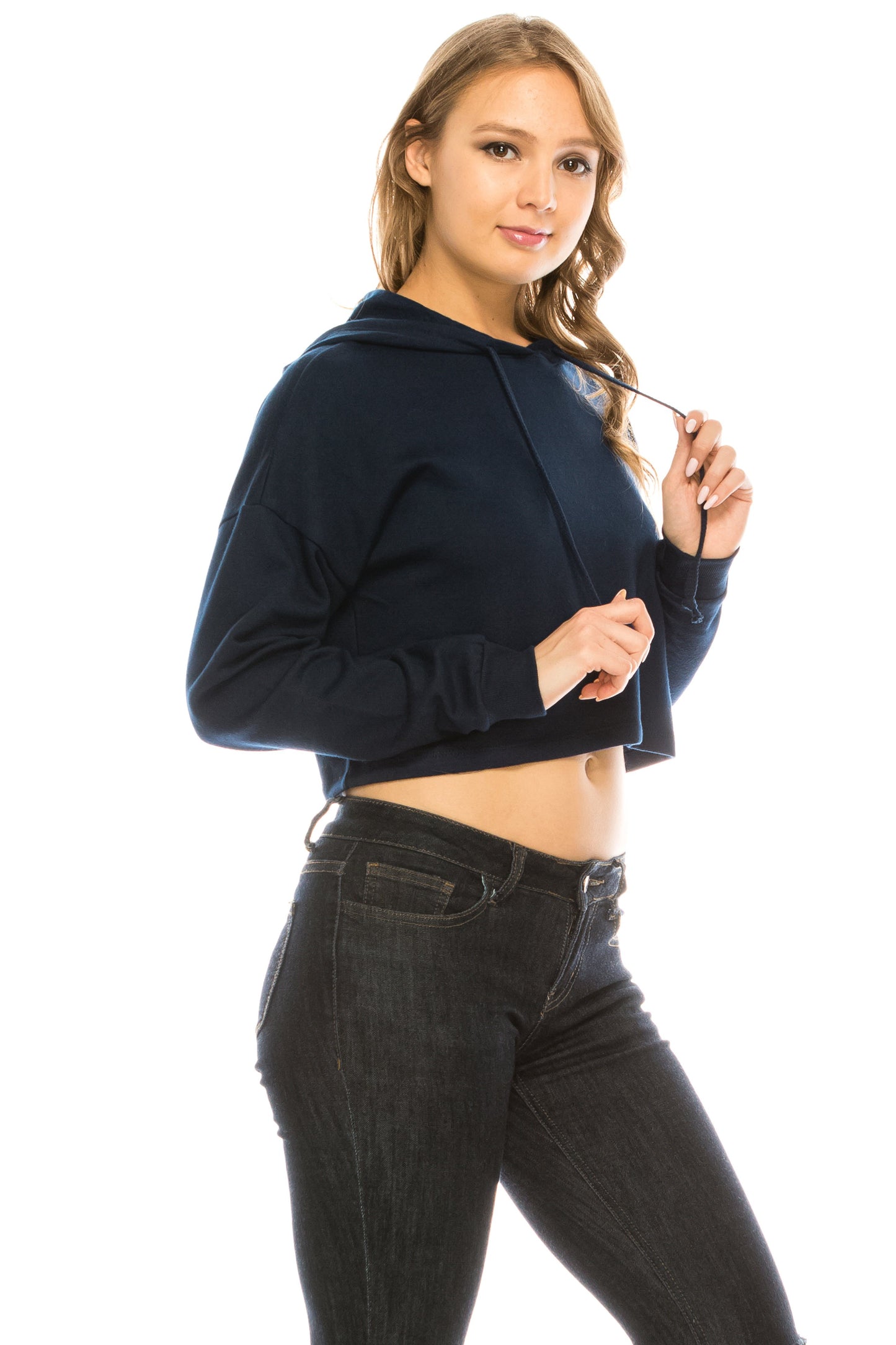 Women's Drawstring Cotton Blend Basic Cropped Fleece Pullover Hoodie