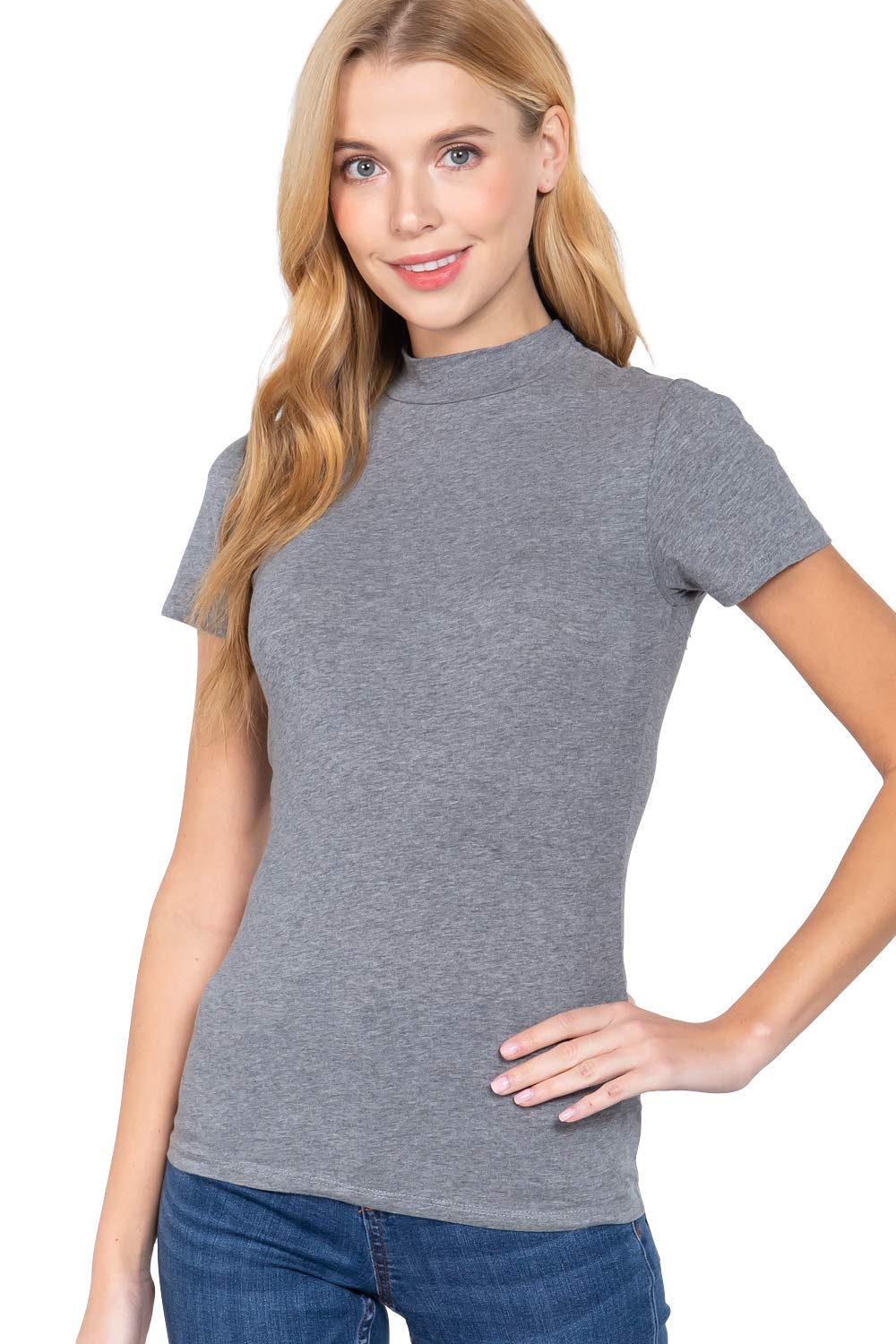 Khanomak Women's Short Sleeves Mock Neck Jersey Top Heather Grey Small