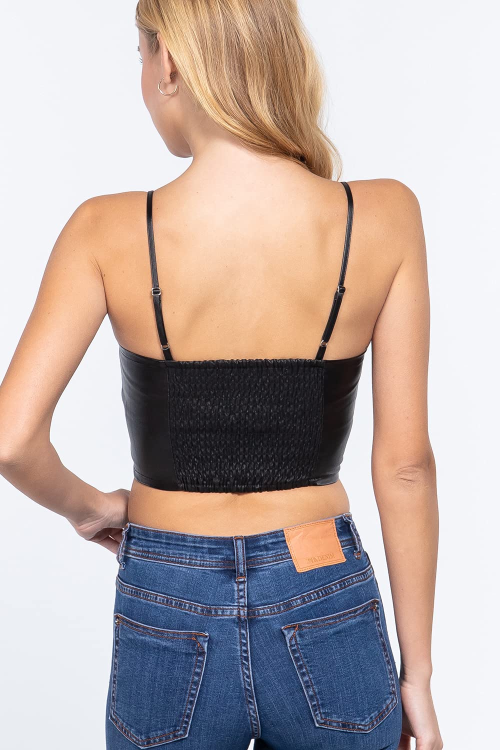 Women's Back Smocked Detail PU Coated Cami Bustier