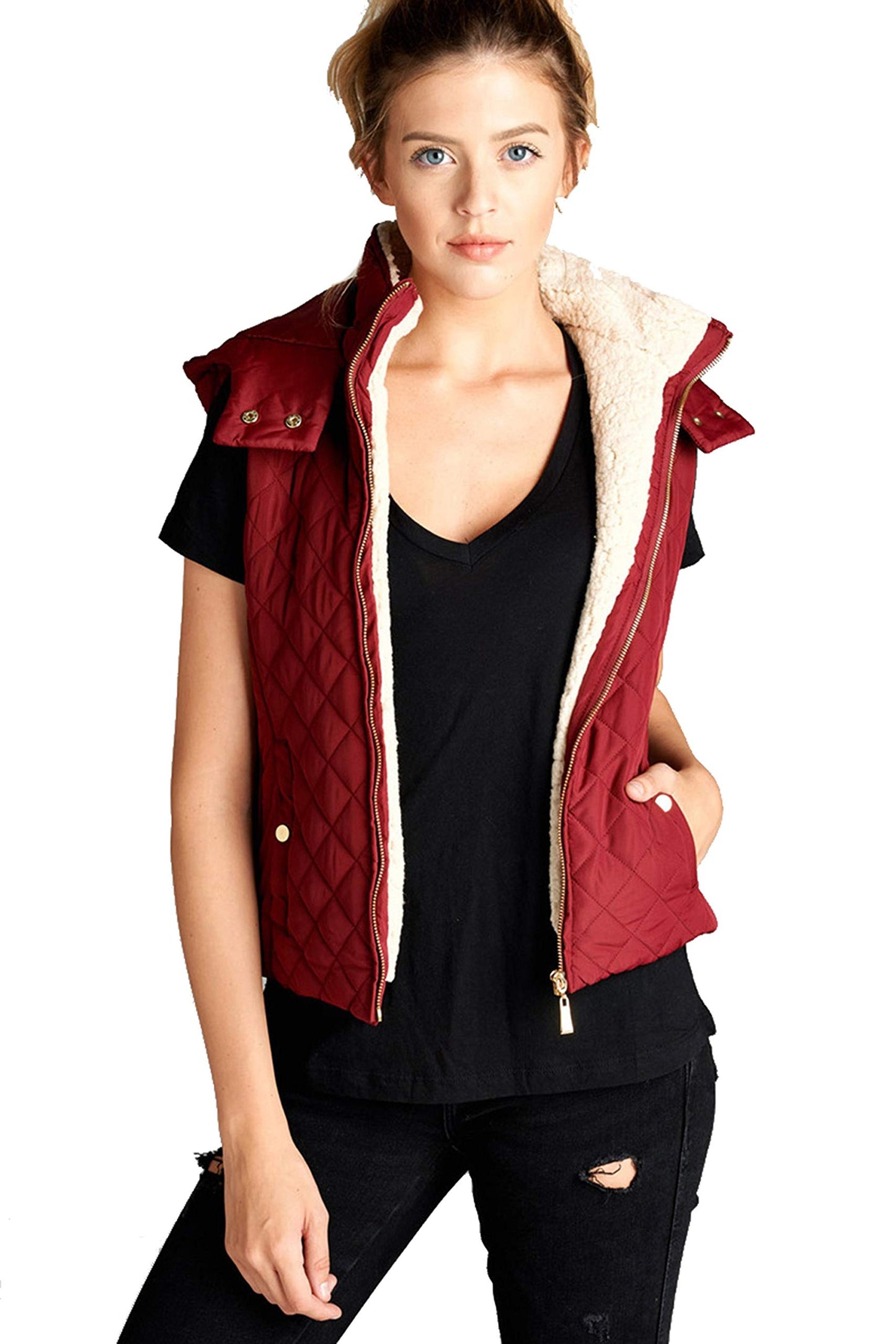 Khanomak Women's Shearling Lined Quilted Padding Hoodie Vest