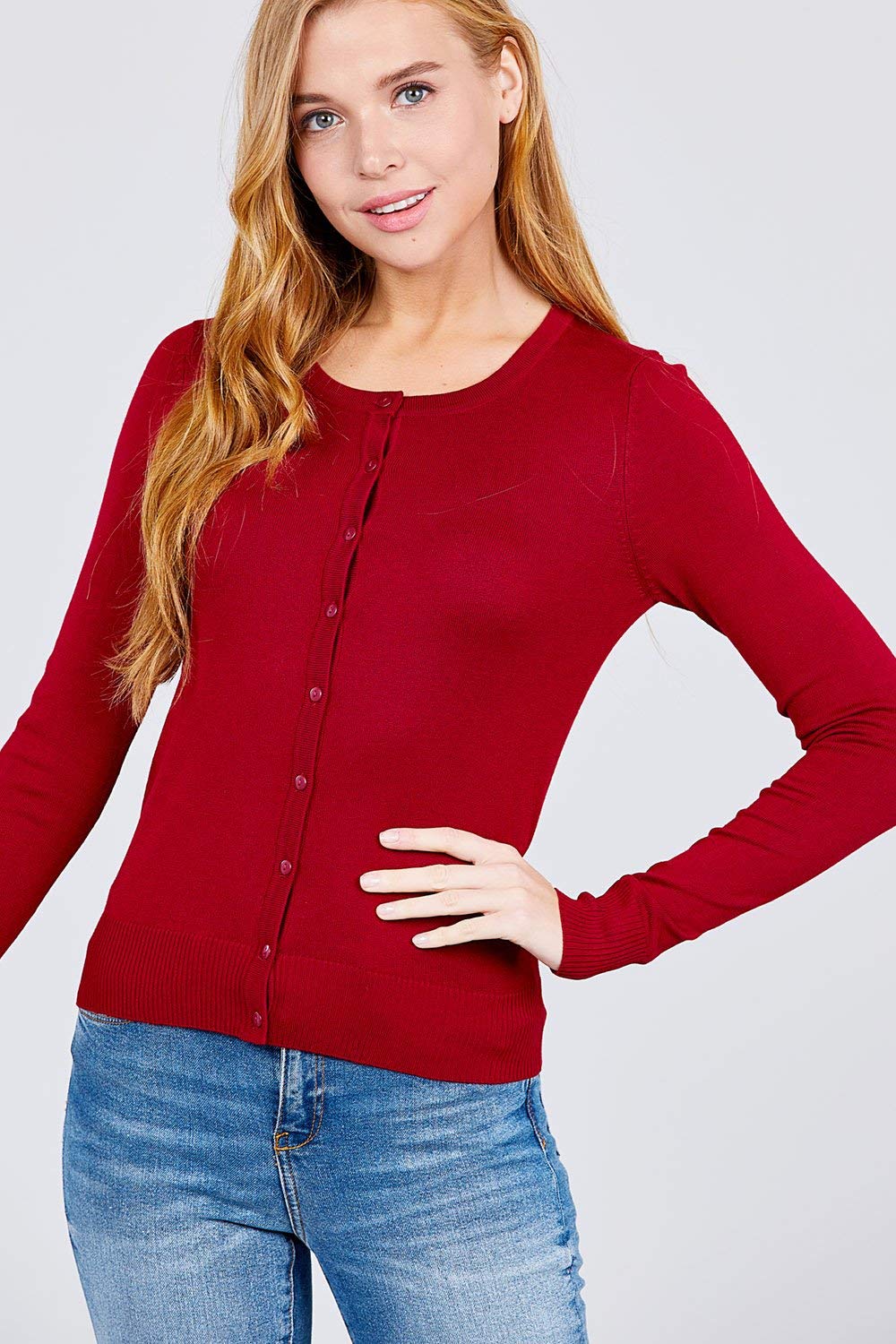 Women's Basic Long Sleeve Round Neck Button Down Rayon Sweater Cardigan