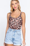 Women's Sleeveless Double Scoop Neck Leopard Print Rib Bodysuit