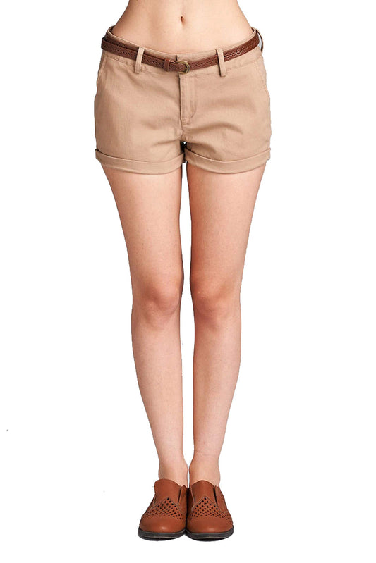 Women's Cotton Spandex Twill With Belt Cuffed Hem Shorts
