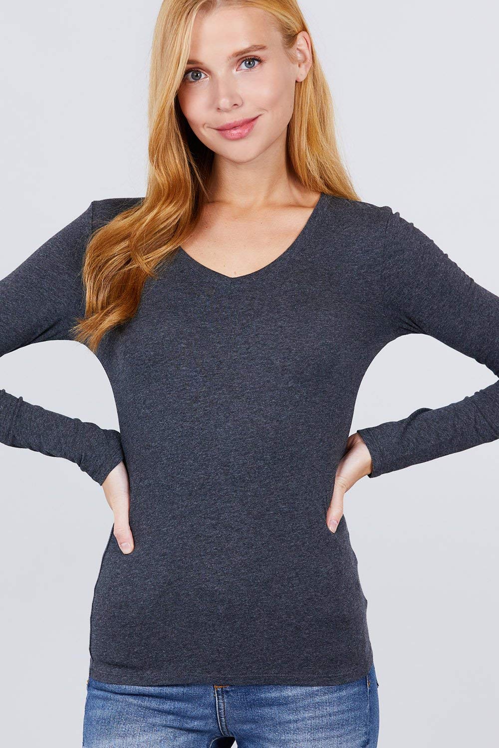 Plain V Neck Long Sleeve Tee T-Shirt