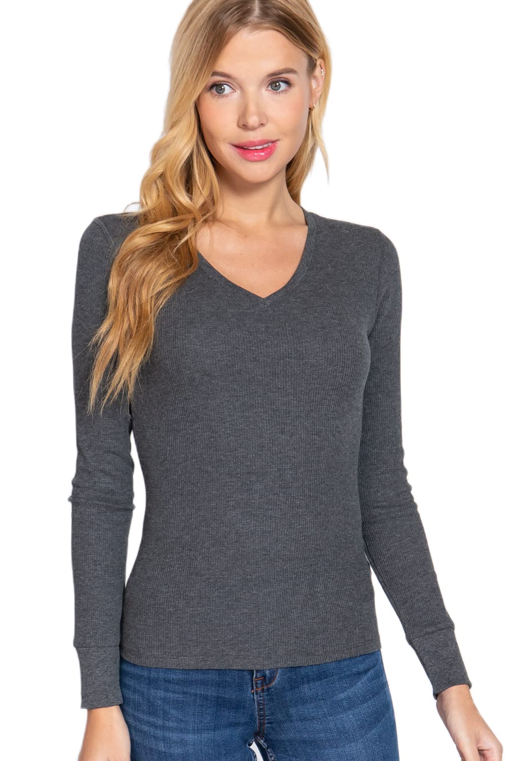 Cotton Blend Thermal V Neck Knit Top for women long sleeves