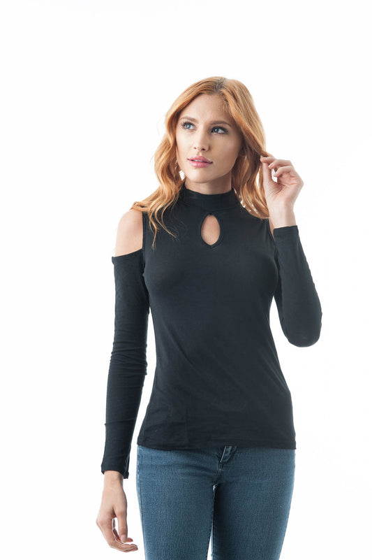 Plain Long Sleeve Open Cold Shoulder Key Hole Mock Neck Top