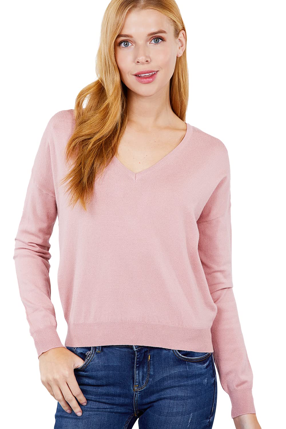 Women's Long Sleeve V-Neck Back Cross Strap Viscose Sweater Top