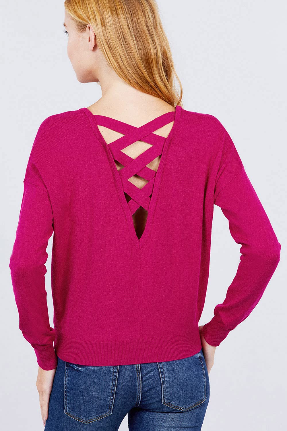 Women's Long Sleeve V-Neck Back Cross Strap Viscose Sweater Top