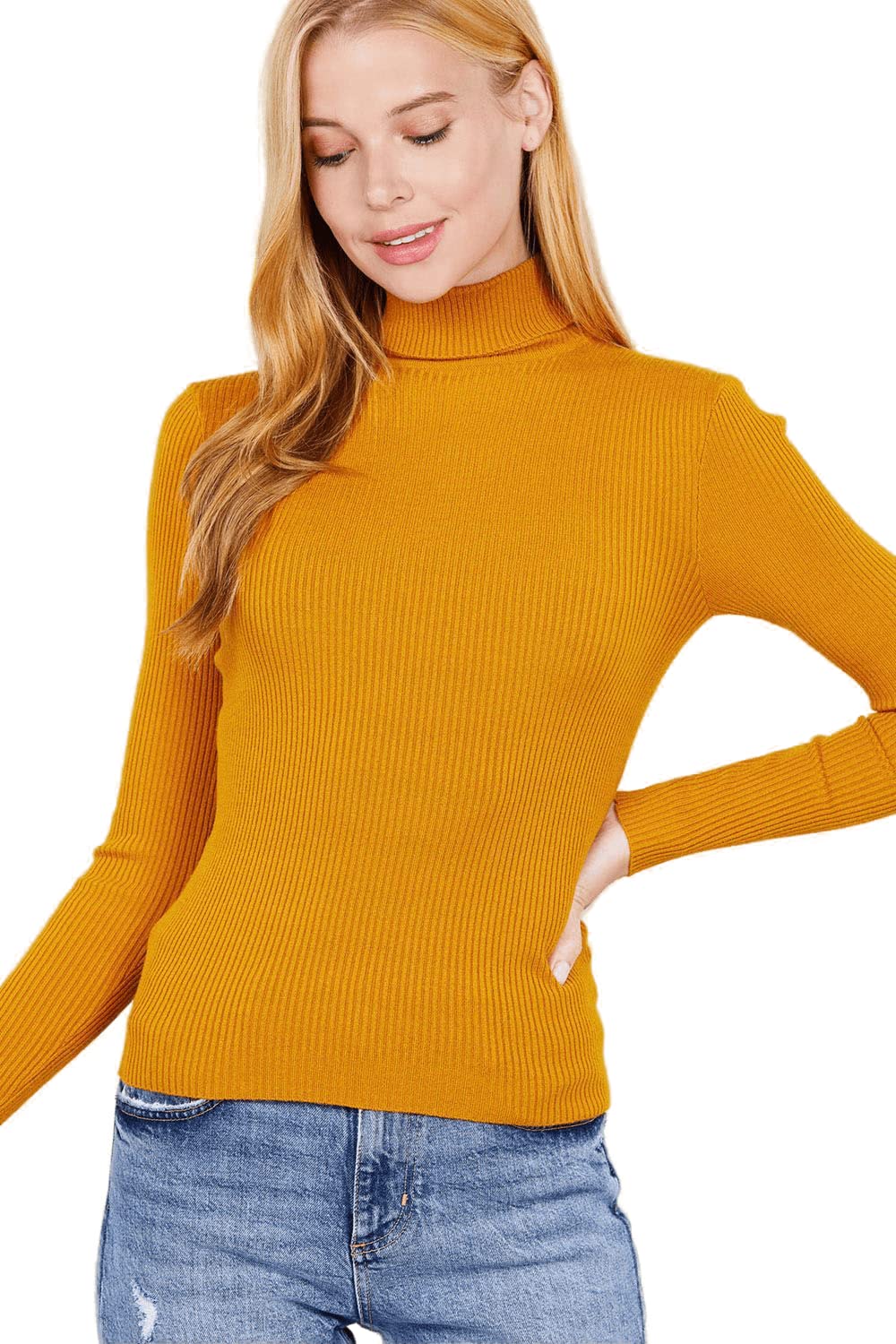 Women's Long Sleeve Turtle Neck Fitted Viscose Ribbed Sweater Cardigan