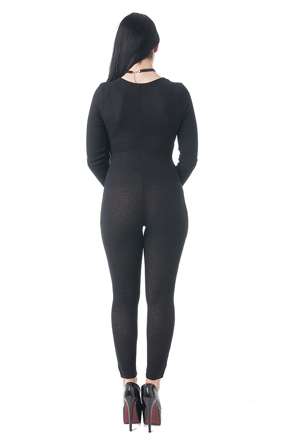 Long Sleeve Ribbed V Neck Button Up Jumpsuit