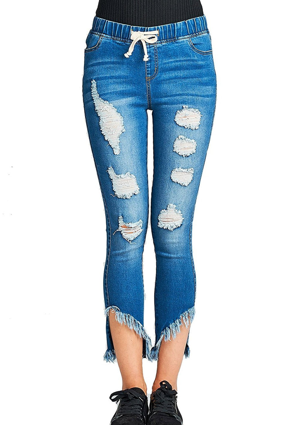Khanomak Drawstring Waist Ripped Distressed Frayed Hem Ankle Cut Fitted Skinny Jeans