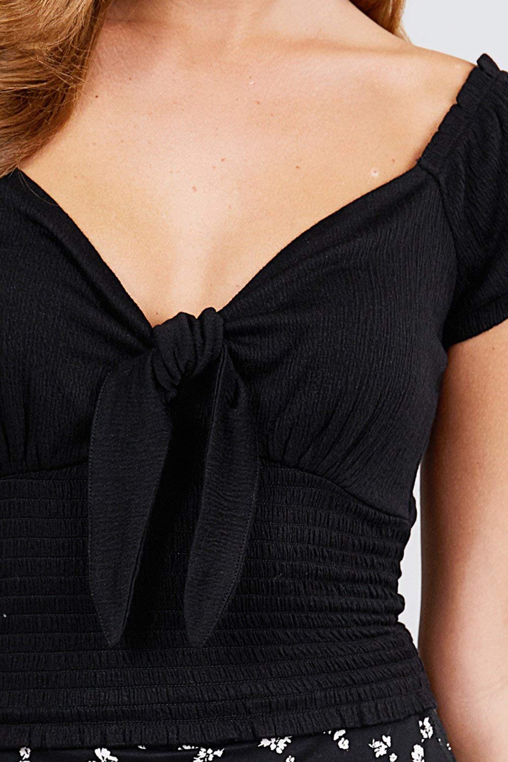 Women's Short Sleeve V-Neck Self Ribbon Tie Smocked Hem Knit Gauze Black Top - Small