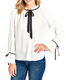 Khanomak Chiffon Ruffle Mock Neck Bell Side Cuff Self Tie Sleeves With Contrast Color Top