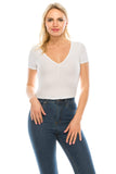 Women's Short Sleeve Slim Fit Cinch V-Neck Cotton Blouse Crop Top