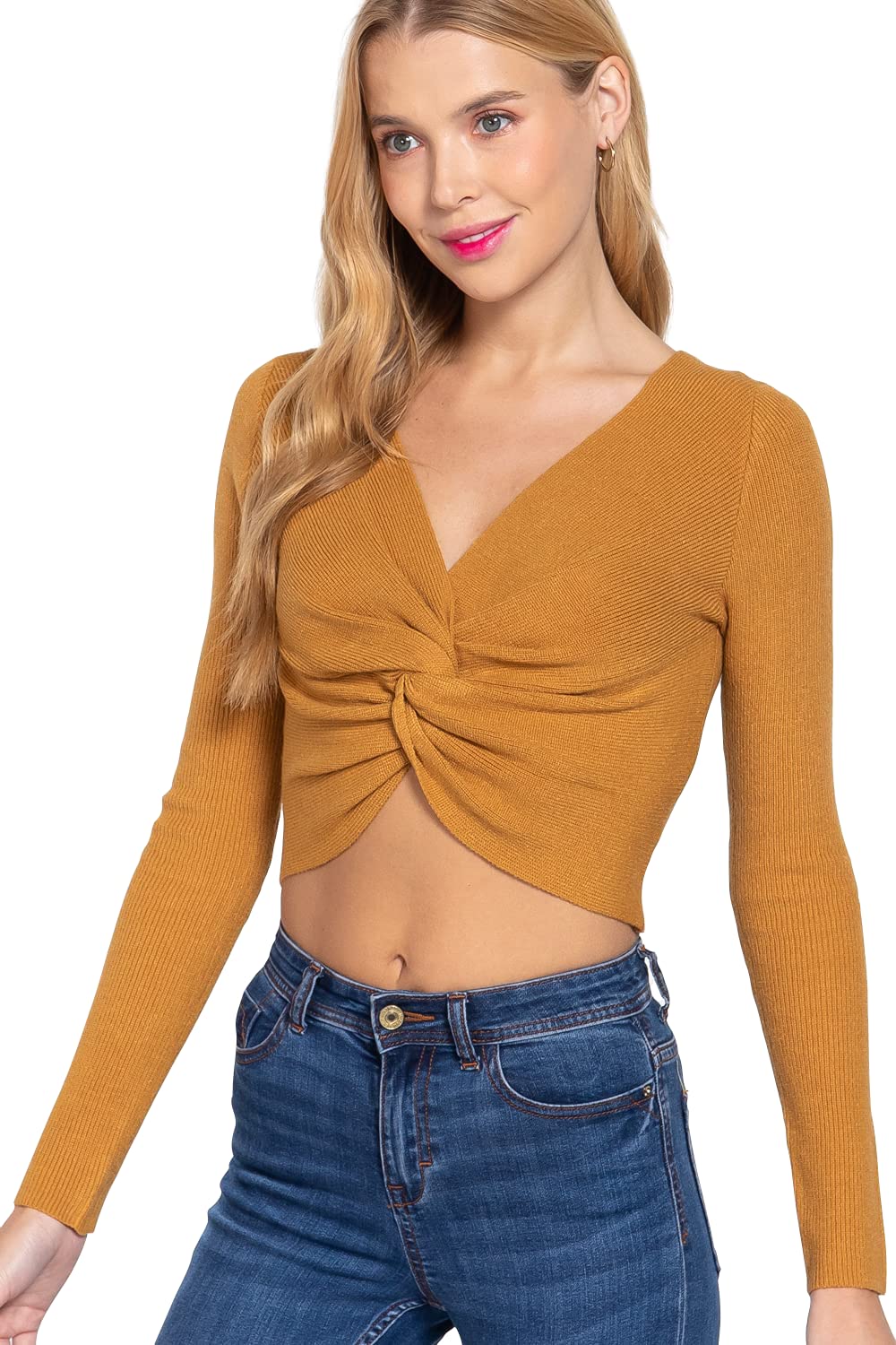 Women's Long Sleeve V Neck Front Knotted Detail Crop Sweater Top