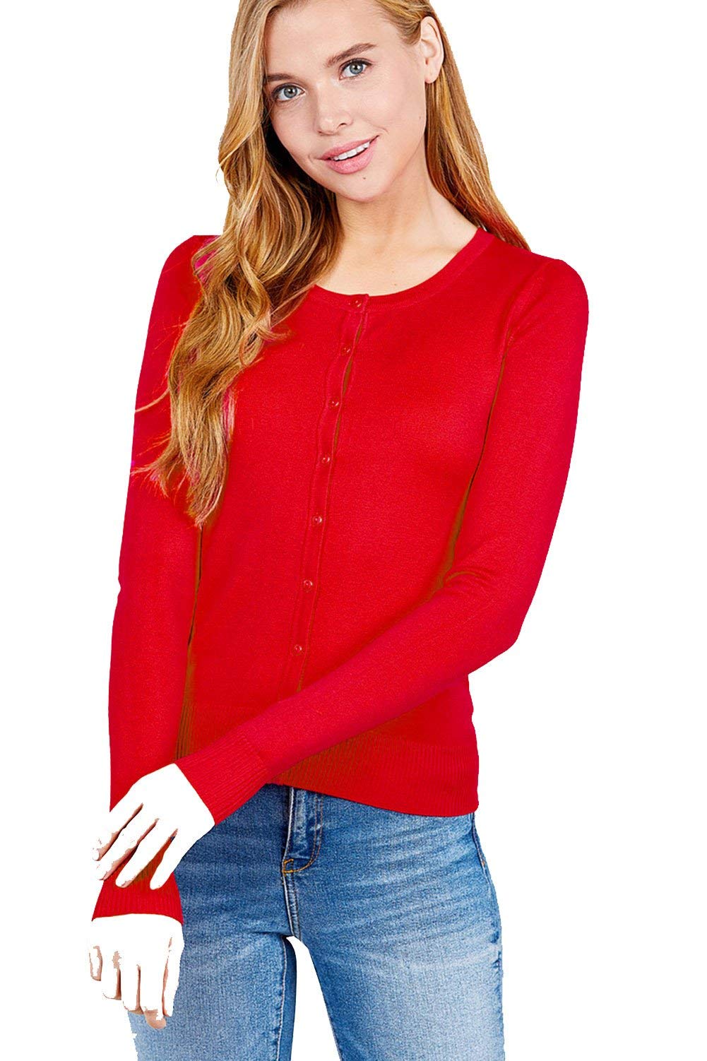 Women's Basic Long Sleeve Round Neck Button Down Rayon Sweater Cardigan