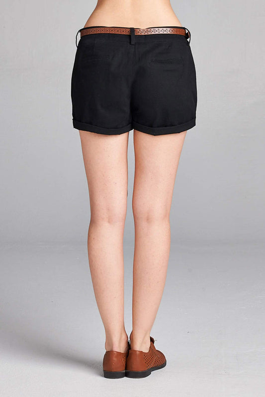 Women's Cotton Spandex Twill With Belt Cuffed Hem Shorts