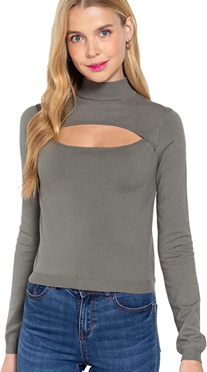 Women's Long Sleeves Mock Neck Front Cut Out Keyhole Sweater