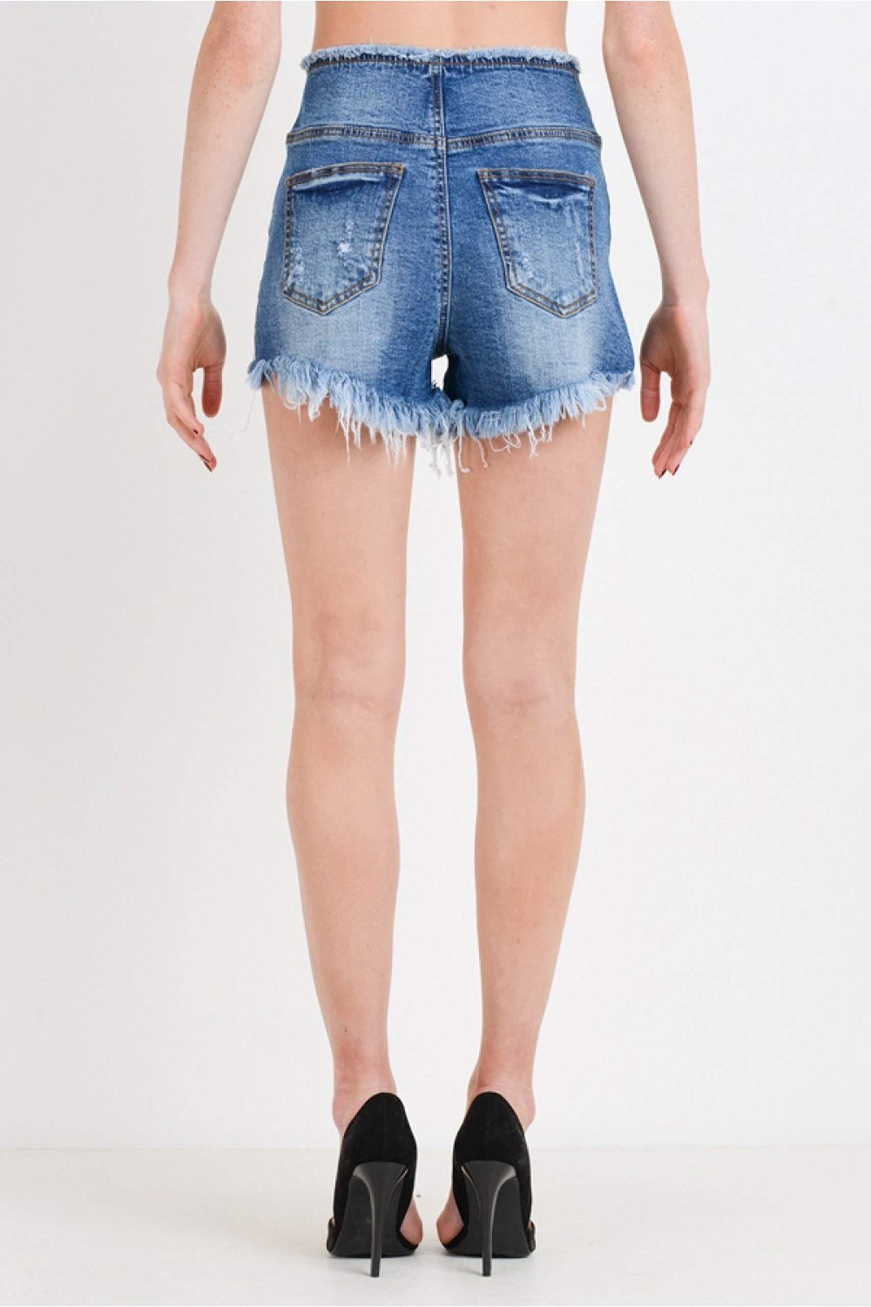 Women's High Rise Stretch Zip Button Front Frayed Hem Denim Shorts