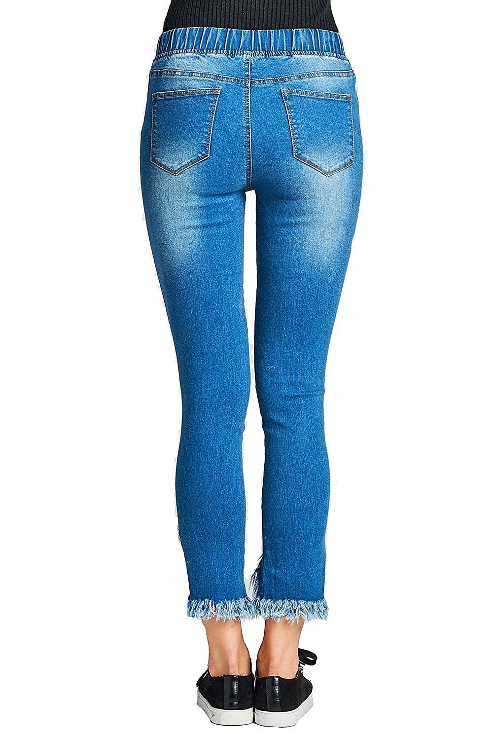 Khanomak Drawstring Waist Ripped Distressed Frayed Hem Ankle Cut Fitted Skinny Jeans