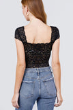 Women's Lace Short Sleeve Shoulder Strap Front Shirring Leotard Black Bodysuit - Small