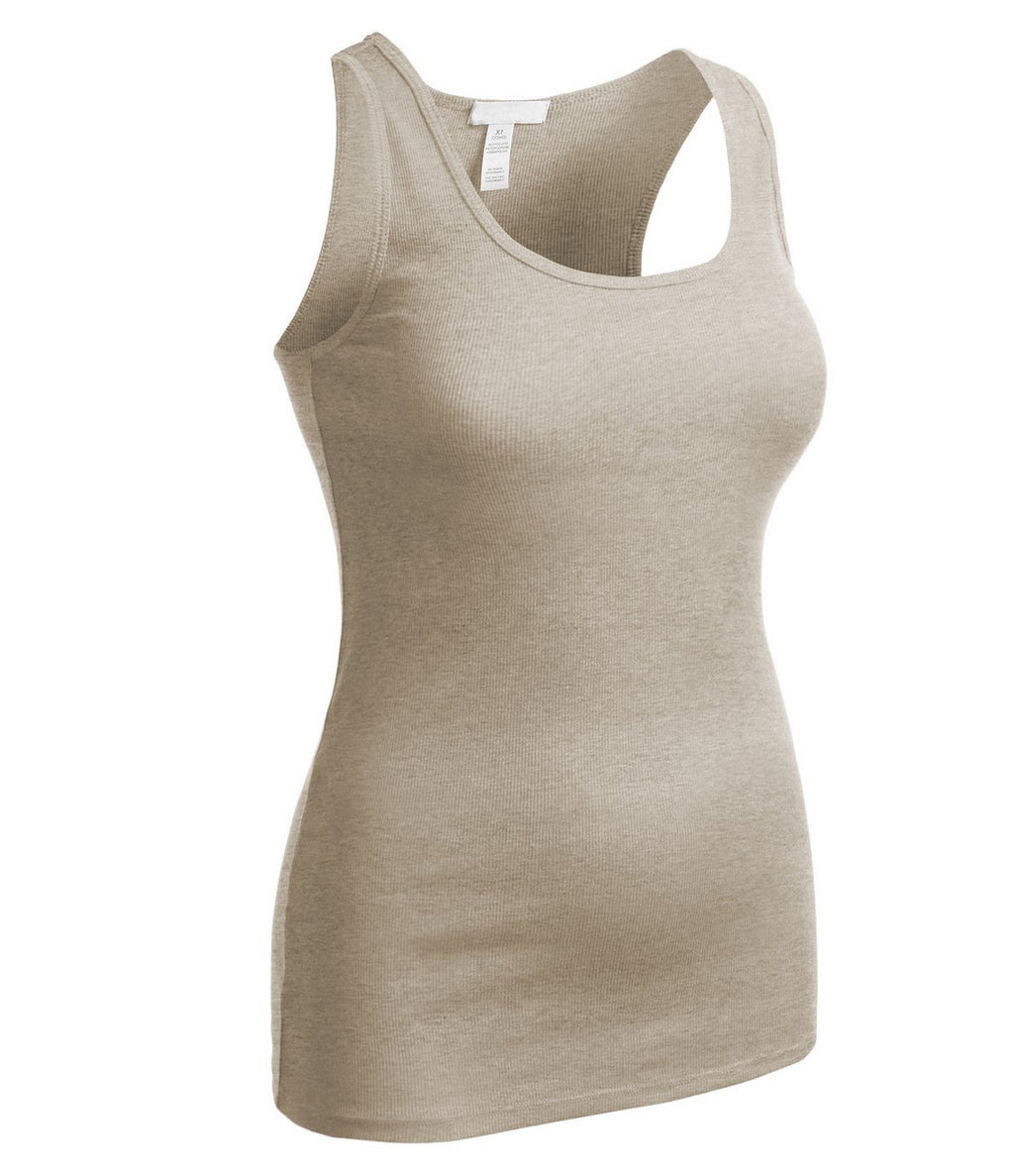 Women's Long Ribbed Rib Racerback Tank Top Cotton Stretch Quality Tunic Basic (Large, Oatmeal)