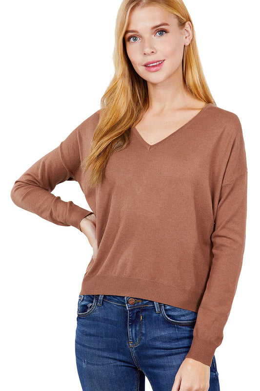Women's Long Sleeve V-Neck Back Cross Strap Viscose Sweater Top