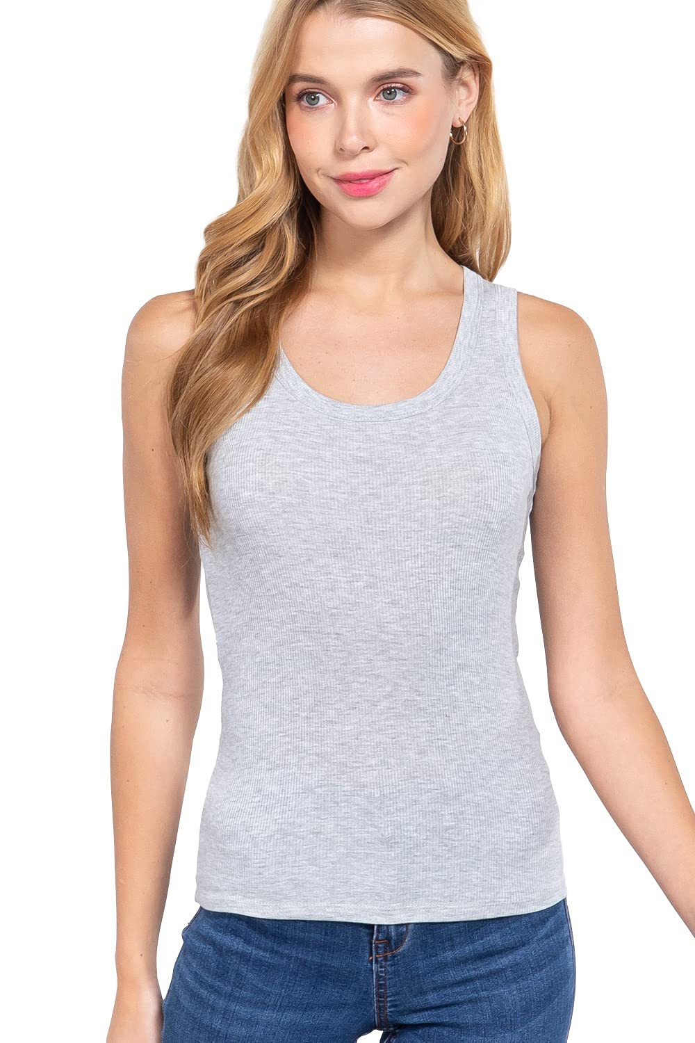 Womens- Sleeveless Ribbed Knit Scoop Neck Tank Top