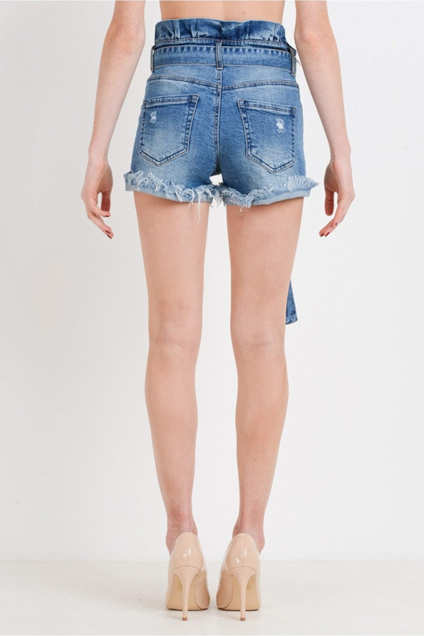 Women's High-Rise Paper Bag Elastic Belted Waist Denim Shorts