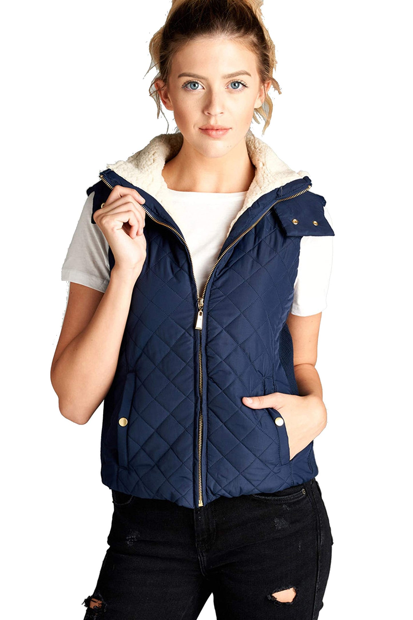 Khanomak Women's Shearling Lined Quilted Padding Hoodie Vest