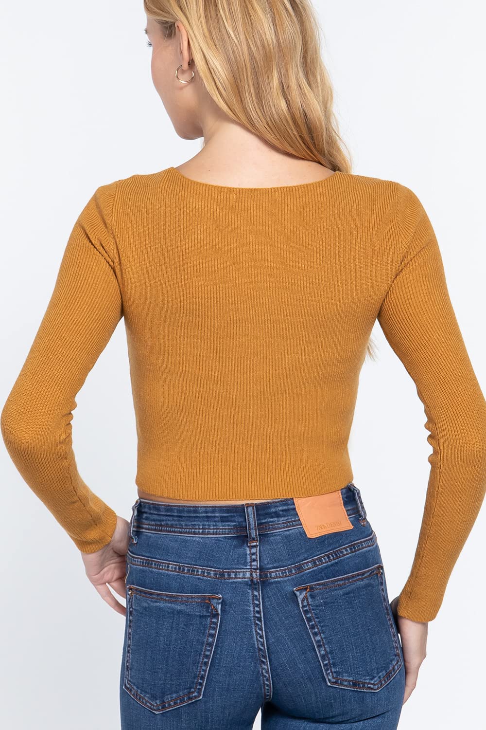 Women's Long Sleeve V Neck Front Knotted Detail Crop Sweater Top