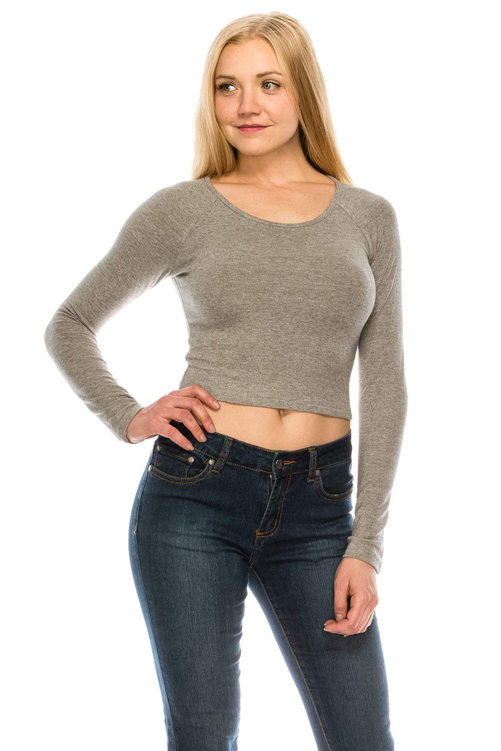 Women's Brushed  Knit Long Sleeve Scoop Neck Crop Top Sweater