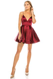 Women's Spaghetti Strap Heavy Satin Flare Cocktail V-Neck Homecoming Dress