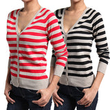 Sexy Striped Cardigan Sweater Knit V Neck Long Sleeves