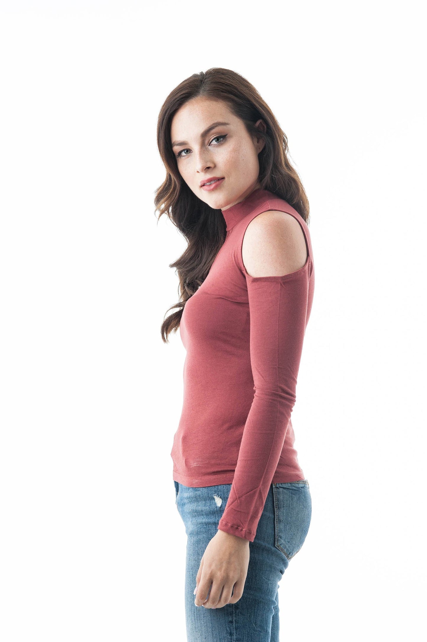 Plain Long Sleeve Open Cold Shoulder Key Hole Mock Neck Top