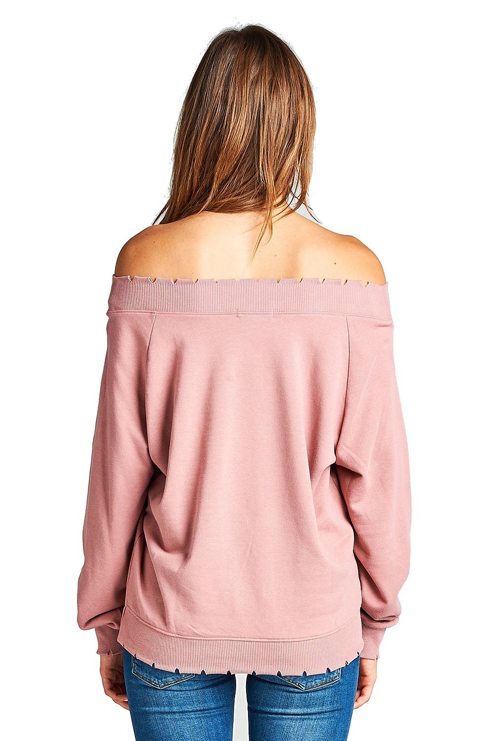 Khanomak Plain Oversized Long Sleeve Lightly Distressed Ribbed Hem Knit Pullover Sweater Top
