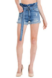 Women's High-Rise Paper Bag Elastic Belted Waist Denim Shorts