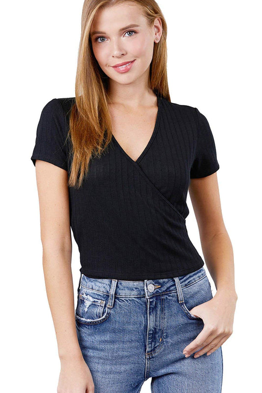 Women's Black Short Sleeve V-Neck Surplice Rib Knit Loose Casual Top - Small