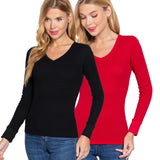 Cotton Blend Thermal V Neck Knit Top for women long sleeves