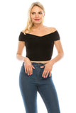 Women's Casual Cross Off Shoulder Deep V Neck Ribbed Knit Slim Wrap Short Sleeves Cross Over Crop Top