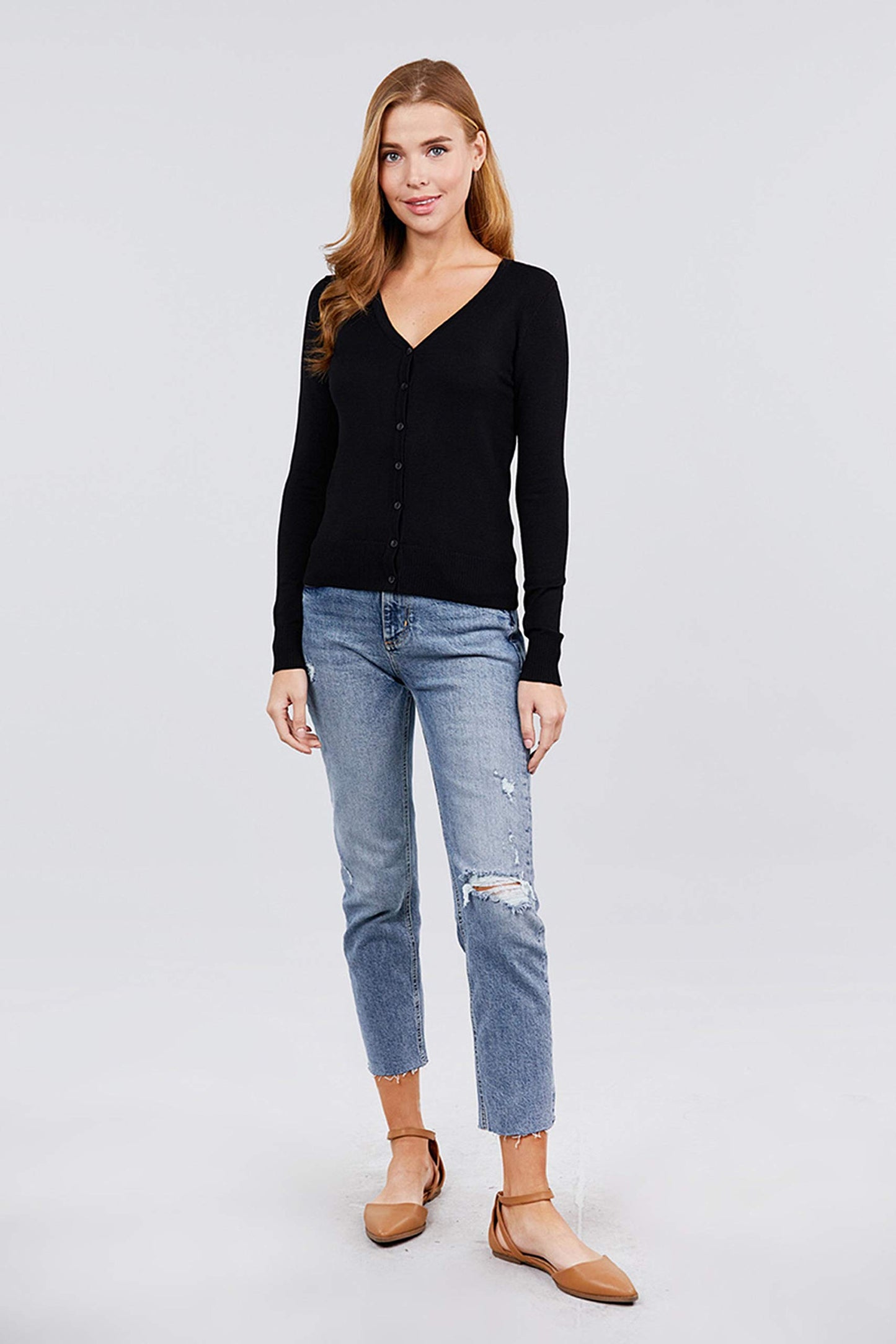 Women's Basic Long Sleeve V Neck Button Down Rayon Sweater Cardigan