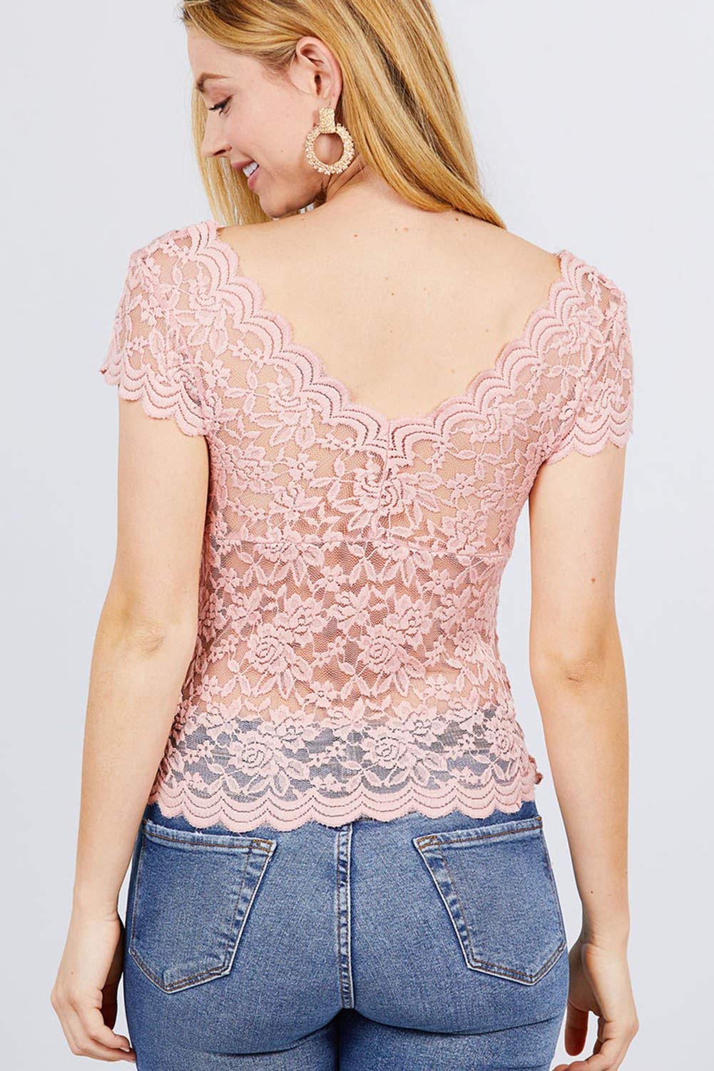 Khanomak Women's Shirring Stretch V-Neck Short Sleeve Lace Top