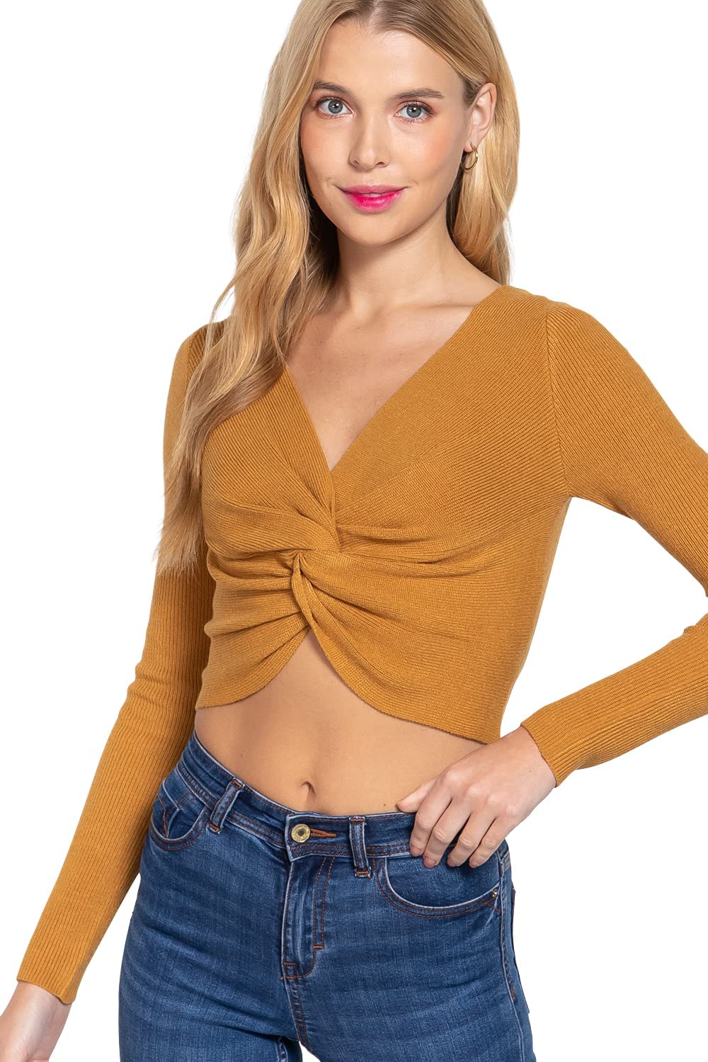 Women's Long Sleeve V Neck Front Knotted Detail Crop Sweater Top