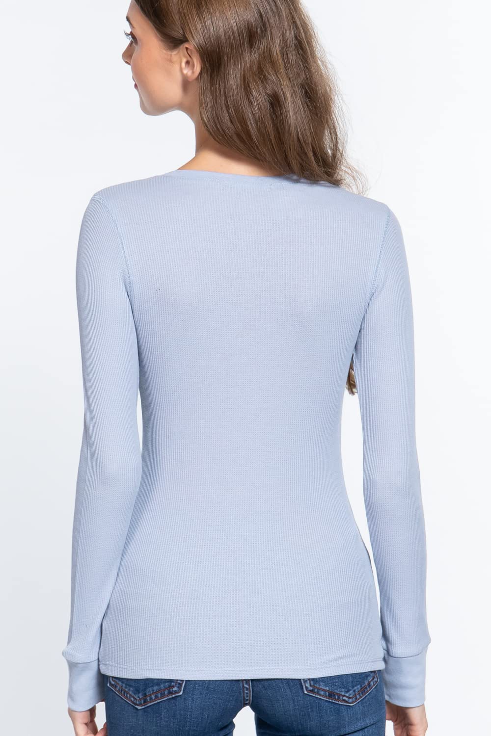 Women's Round Neck Long Sleeves Henley Thermal Knit Top