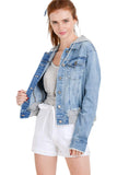 Khanomak Women's Denim Jean With Detachable Hoodie Terry Patch Jacket