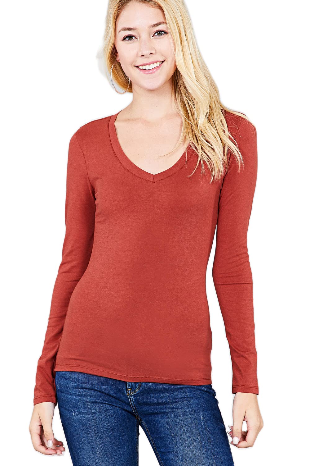 Plain V Neck Long Sleeve Tee T-Shirt